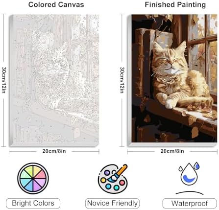 4 Pcs Framed Paint by Numbers Kit for Adults Sleeping Cat with Wooden Easel | With Frame Canvas, Cat DIY Acrylic Painting, For Adults Beginner, Stress Relief Craft Kits, Home Wall Decor Gift, 8x12 IN