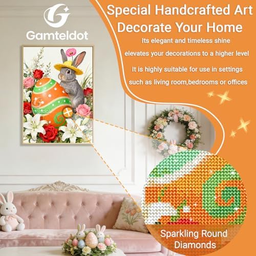 Gamteldot Easter Eggs Diamond Painting Kits for Adults Beginner,DIY Easter Rabbit Diamond Art 5D Full Drill Gem Art,Diamond Painting with Complete Tools,Gem Art Craft for Home Wall Decor Gift-12x16in