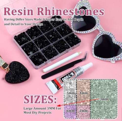 10000PCS Black Rhinestones Bedazzling Gems 2/3/4/5/6MM Mix Sizes Resin Jelly Bedazzler Kit Flatback with Complete Tools for DIY, Nail, Art Craft for Girls Gift
