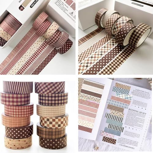 12 Rolls Vintage Plaid Washi Tape Set, Brown and Red15mm Wide