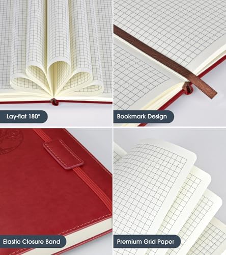 Biuwory A5 Hardcover Graph Paper Notebook, Grid Leather Journal for Writing | 140 Quad Ruled Grid Pages Vintage Diary, 5.7"×8.3" Travel Notebook for Work, School, Women & Men