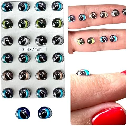 3D Resin Doll Eyes – 7mm Self-Adhesive Craft Eyes (24 pcs / 12 Pairs) – Realistic Cabochon Eyes for Amigurumi, Dolls, Polymer Clay, Cold Porcelain, Felt & DIY Crafts (Blue, Green, Gray, Brown)