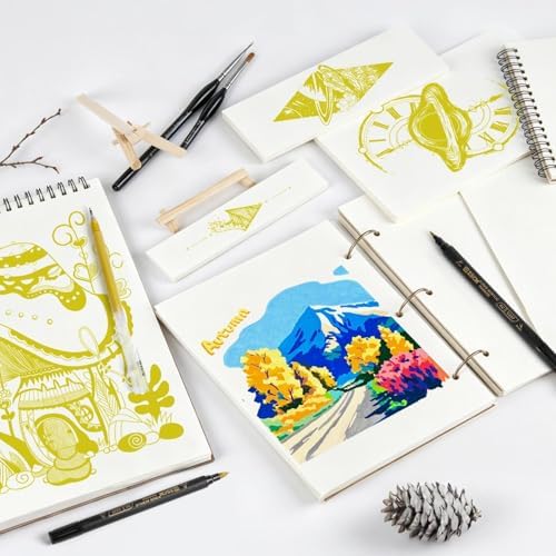 8 Pack Gold Acrylic Ink Pens for Drawing, Fine Point Gold Gel Pens, Brush Tip Markers，Dual-Tip Opaque Acrylic Markers for Black Paper Highlighting Drawing, Sketching, Illustration, Card Making