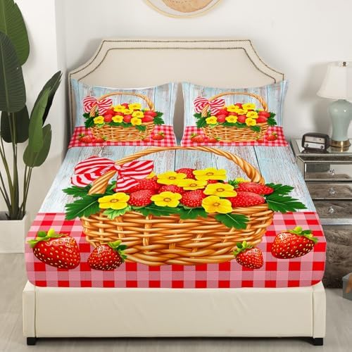 Red Strawberry Bed Sheet Set Full Size Rustic Style Fruits Floral Mattress Cover Modern Grid Plaid Sheets for Boys Girls Bedroom Red Gray Yellow with Flat,Fitted Sheet Pillowcase 4Pcs