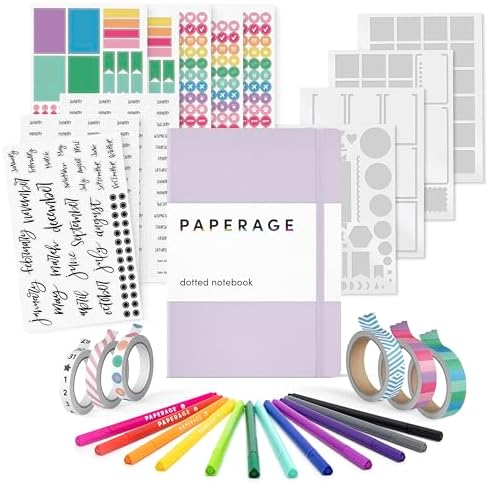 PAPERAGE Bullet Journal Kit, Dotted Journaling Set & Stationary Kit, Hardcover Dotted Journal Notebook (Lavender), 12 fineliner Pens, 8 Sticker & 3 Stencil Sheets, 6 Washi Tapes