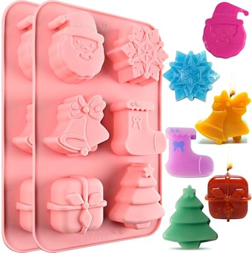 Christmas Soap Molds, 2 Pack Christmas Theme Silicone Mold 12 Cavity | Snowflake Soap Mold for Lotion Bar Candle, Baking Mold for Chocolate, Xmas Tree Santa Claus Socks Gift Box Jingle Bell