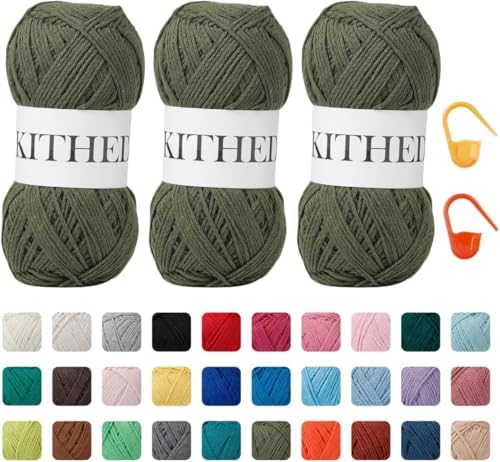 Cotton Chainette Yarn,4 Medium (Worsted)-10oz,3 Pack,Knitting Yarn for Beginners,Thicker for Crocheting and Knitting (38 Army Green)