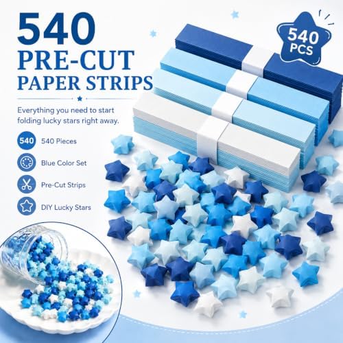 540Pcs Origami Star Paper Strips, Double-Sided Colored Paper for DIY Lucky Stars, Pre-Cut Wishing Star Craft Kit (Blue, 1)