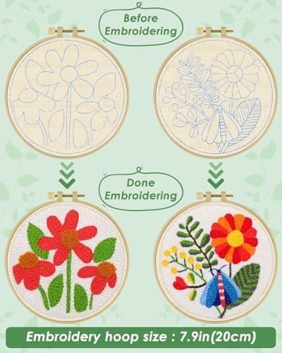 ERKOON Punch Needle Kit Adults Beginners, 2 Pcs DIY Easy Flower Embroidery Set for Starter Art Craft, Needling Punching Project with Patterns, Tools, Yarns, Hoop, Instruction (Safflower)