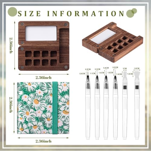 Qilery Mini Portable Watercolor Palette Set Wooden Grid Paint Box Watercolor Paper Sketch Book Brush Pens with Binder Clip for Painters Artist Not Include Paint(Mountain Chrysanthemum)
