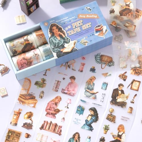 4 Rolls PET Tapes Pre-Cut Tape Stickers for Scrapbooking Reading People Stickers Tape journaling washi Tape Sticker Sticker Rolls for Scrapbooking