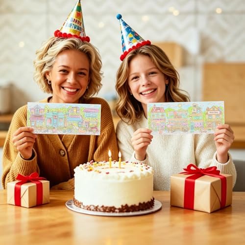 Birthday Coloring Cards, 4 Unique Blank Greeting Card Set with Streetscape, Season&Storefront, DIY Art Craft for Kids, Adults, Holiday Gift Ideas for Mom, Friends, Thank You&Greeting Card Collection