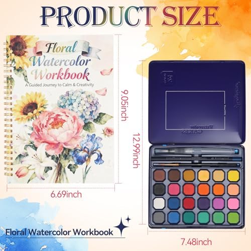 Floral Watercolor Painting Kit, 24 Paints, 3 Brushes, Workbook
