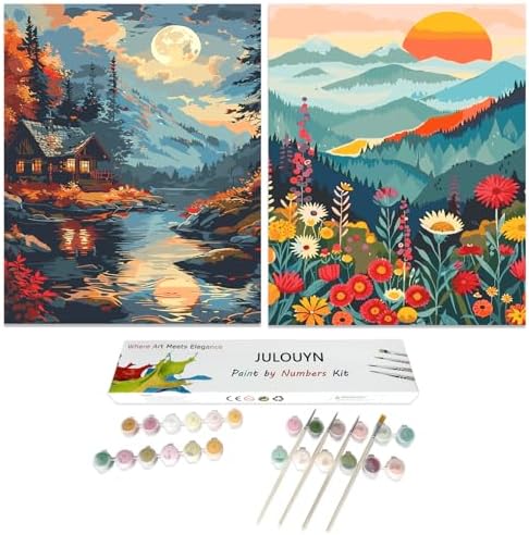 JULOUYN 2 Pack Paint by Numbers Kit for Adults Beginner, Mountains Lake Sunset Landscape DIY Canvas Art Kit with Brushes & Acrylic Paints for Home Decor 16x20 in | Easy to piant for beginners elderly, DIY art, with Magnifying glass, Relaxing & Stress r...
