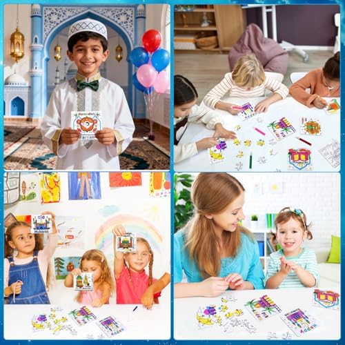 24 Pcs Ramadan Crafts for Kids, Eid Mubarak Arts and Crafts DIY Puzzle with Lanterns, Stars, Masjid, Moon, Castles, Ramadan Eid Activities Painting Kits for Islamic Gifts Party Favors & Goodies Bulk