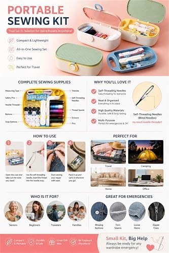 FKOG Portable Sewing Kit Basic, 135 Pcs Travel Sewing Supplies Repair Organizer with Self Threading Needles,Scissors,Measure Tape, Emergency Sewing Accessories for Adults, Beginners & Seniors (Green)