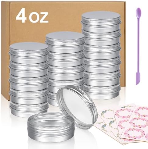 Aluminum Tin Cans, 24pcs 4 OZ Tin Containers with Lids and 4pcs Stickers