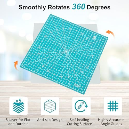 Headley Tools 12"x12" Rotating Cutting Mat, Self Healing Mat with 360-Degree Rotation & Anti-Slip Base, Sewing Board Cutting Mat Perfect for Fabric Quilting Leather Hobby Project, Light Blue