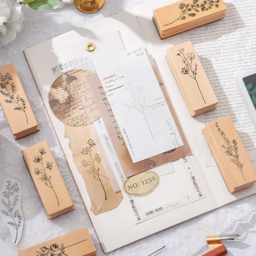 DIYOOHOMY 8 Pcs Wooden Rubber Floral Stamps Set, Vintage Flower Stamps for Crafting Tools Scrapbooking Card Making Journaling Clay Pottery Projects, Cute Ink Stamp Craft Kits for DIY Art Supplies