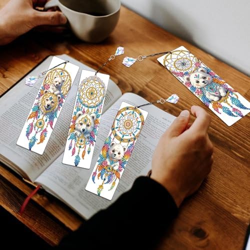 4 Pcs Diamond Painting Bookmarks, White Bear and Lion Dreamcatcher DIY Diamond Art Kits for Adults, Rhinestone Drill Crafts Bookmarks with Tassel for Graduation Birthday Gifts