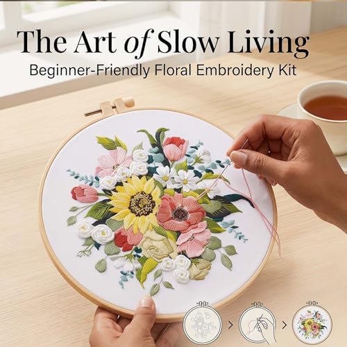 Harimau Adult Beginner Embroidery Starter Kit, Complete Set with 4 Patterns, 2 Hoops, Needles, Scissors, Instruction Guide & Stitching Video Tutorials