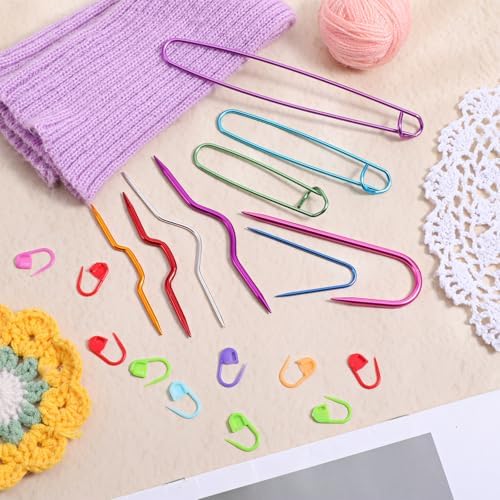 19 Pcs Knitting Needles, Knitting Stitch Holders and Cable Needles Set, Aluminum Needle, Yarn Stitch Holders, Versatile Knitting-Crochet Hook, Sewing Crocheting Supplies Accessories (Multi-Color)