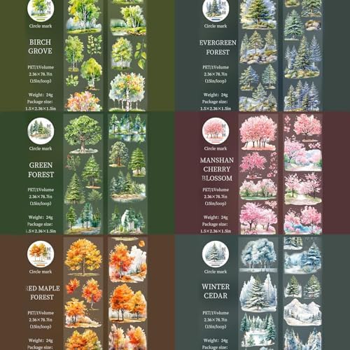 Scrapbook Nature Stickers Set,6 Rolls PET Plant Tape Stickers for Journaling,Forest Washi Tape for Junk Journal Supplies,Scrapbooking,DIY Craft,Photo Frame(Forest)