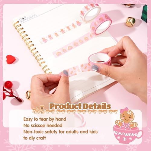 Pink Gingerbread Washi Tape - 12 Rolls Easy Tear Christmas Holiday Themed Tapes with Gingerbread Man & Snowflake Designs for Journal Decor, Gift Wrapping, Scrapbook, DIY Crafts Party Supplies