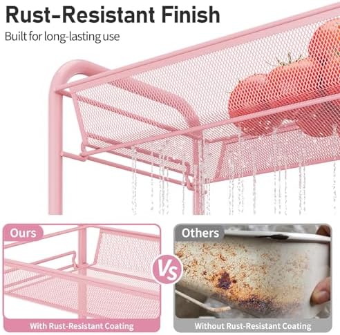 TOOLF 4 Tier Rolling Cart, Metal Utility Storage Cart with Wheels, Pink | 3 Hooks, Screwless Assembly, Trolley Organizer for Bathroom, Kitchen, Office, Nursery, Dorm, Laundry Room