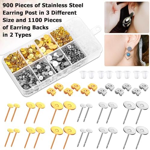 Hypoallergenic Earring Posts and Backs, Caffox 2000pcs Stud Earrings Making Kit with Ear Ring Base and Earring Backs for Leather Stud, Clay, Pearl Jewelry Making (Gold & Silver)