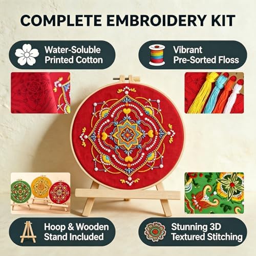 Qupace 3 Pcs Boho Embroidery Kits for Beginners Adults,Red Cross Stitch Sewing Craft Set with 3 Embroidery Hoops & 3 Finished Stands, Floral Pattern Needlework Kit