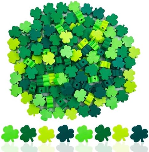 100Pcs St. Patrick's Day Shamrocks Handmade Polymer Clay Beads, Luck Clover Prints Polymer Clay Spacer Beads for Women Jewelry Making DIY Charms Bracelet Necklace Hair Clip Accessories Handmade Craft