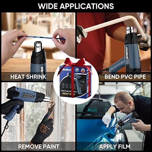 ROMECH 1500W Heavy Duty Heat Gun, Variable Temperature Control Hot Air Gun Kit with 2 Air Flow 120°F~1200°F and 4 Nozzles for Crafts Shrink Wrap (Blue)