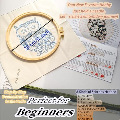 FONNUY Floral Owl Embroidery Kit for Beginners, DIY Handmade Flower Animal Embroidery Set with Hoop, Stamped Cross Stitch Kit for Adults, Unique Home Wall Art Decor & Craft Gift (Black)