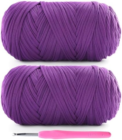 2 Pack T-Shirt Yarn for Crochet - 800 g/260 yds Elastic Fabric T-Shirt Yarn with 1 Crochet Hook (Violet)