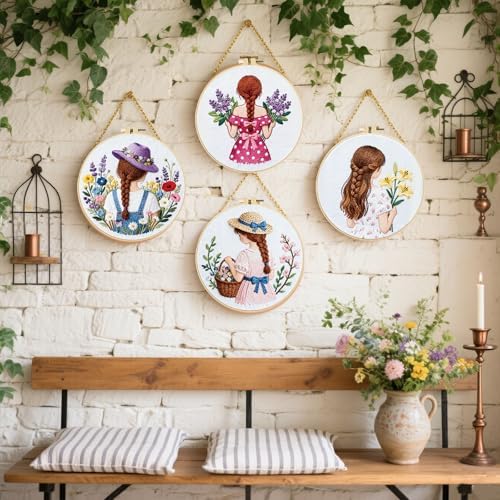 FREEBLOSS 4 Set Embroidery Kit Girl Pattern Stamped Embroidery Starter Kit with Step By Step Instructions, Colored Threads, 2 Hoops, Needlepoint Kits for Hand Craft Lovers Gift, 30cm/11.8inch