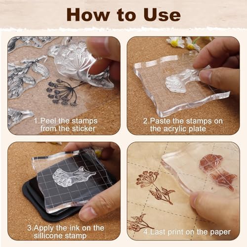 8Pcs Botanical Clear Stamps Set with 2 Acrylic Stamp Blocks for Card Making