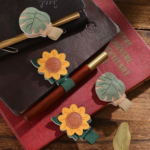2PCS Vintage Magnetic Leather Bookmark, Leather Magnetic Bookmarks for Women,Unique Book Marks Gifts for Book Lovers， Magnetic PU Bookmarks Clip Book Accessories for Adults & Kids，Sunflower & Leaf