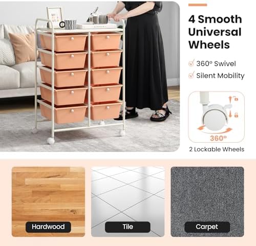Giantex 10 Drawers Rolling Cart, Classroom Organizers, Storage Cart with Wheels, for Teacher Office Home School Supplies Tool Craft Art Paper, Peach Fuzz