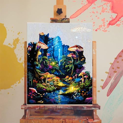 Mushroom Paint by Numbers for Adults - Forest Paint by Number on Canvas
