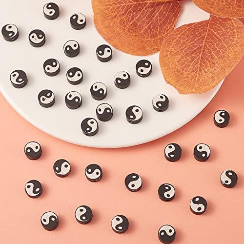 Airssory 100 Pcs Black and White Manmade Polymer Clay Soft Beads Flat Round with Taiji Ying Yang Sign Loose Bead Spacer for Lucky Jewelry Making