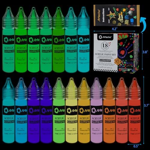 Artecho Glow in the Dark Acrylic Paint Set – 18 Colors x 11ml (0.37oz) | Non-Toxic Waterproof Art Supplies for Canvas Rock Wood Fabric – Rich Pigment Craft Paint for Adults & Hobbyists
