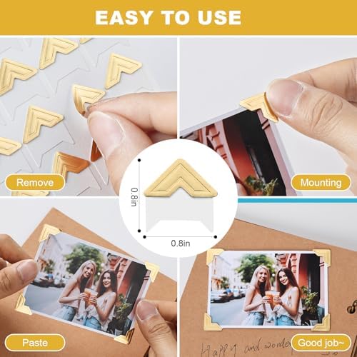 360 Pcs Photo Corners for Scrapbooking, Gold Photo Corner Stickers, Acid Free Picture Corners Self-Adhesive for Scrapbooking, Photo Corners for DIY Scrapbook, Photo Album, Memory Books, Diary