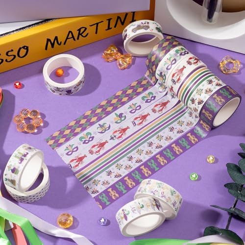 Mardi Gras Washi Tape - 12 Rolls Waterproof Residue Free Adhesive with Masks Crowns Beads in Traditional Purple Green Gold for Scrapbook, Gift Wrapping, Journal Decor, Party Supplies