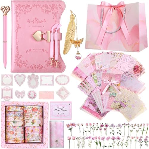 Janlaugh DIY Journal Diary with Lock Pack Scrapbook Kit, Pink, Classic | Stationery Diary Supplies, Scrapbook Supplies Art Crafts Kit for Birthday Holidays Ideal Gifts, Feather Bookmark Stickers