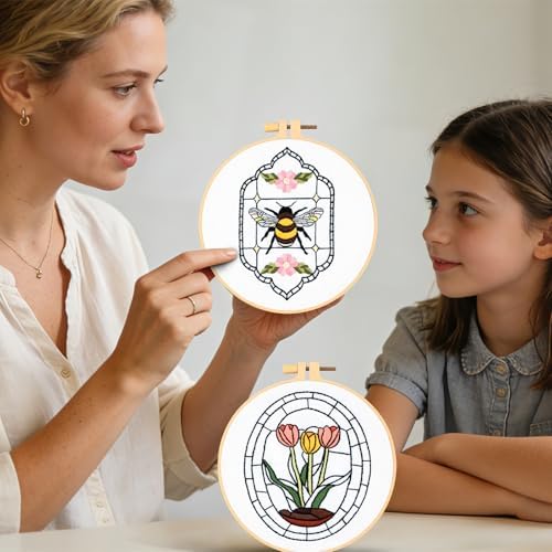 Armindou Flowers Bee Embroidery Kits for Beginners Adults, Floral Hand Embroidery Set Needlepoint DIY Kits, Stamped Cross Stitch Kits for Beginners Adults, 2 Embroidery Hoops (Attached Video Tutorial)