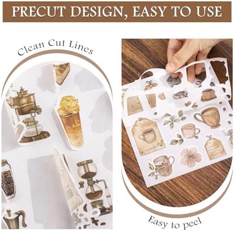 RISYPISY 558pcs Coffee Theme Washi Sticker Book for Scrapbooking | 50 Sheets Journaling Stickers for Junk Journals & Planners