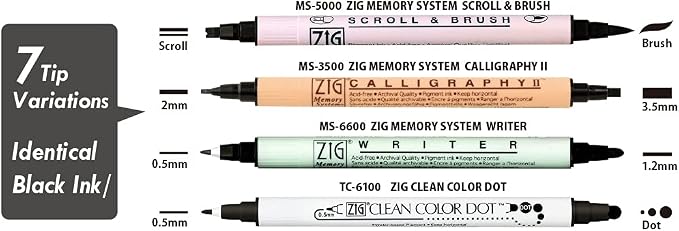 Kuretake ZIG Twin Marker BLACK 4 Assortment set for Hand Lettering, Calligraphy Art, Illustration, Journaling, Cartooning, AP- Certificated, Made in Japan