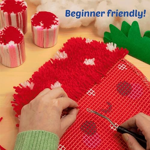 LatchKits Strawberry Pillow - Latch Hook Kits for Kids, Arts and Crafts, Yarn Art, Kids Crafts, Toys for Girls, Birthday Gift for Girls, Easy to Follow Pattern, Hook Included, Craft Kits, Ages 6+