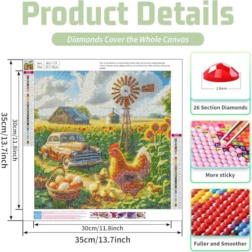 Accompany Wind Chicken Diamond Art Kits for Adults, 5D Farm Scenery Diamond Painting Kits for Beginners,DIY Round Full Drill Diamonds Gem Art Crafts for Home Wall Decor Gifts 14x14 Inch